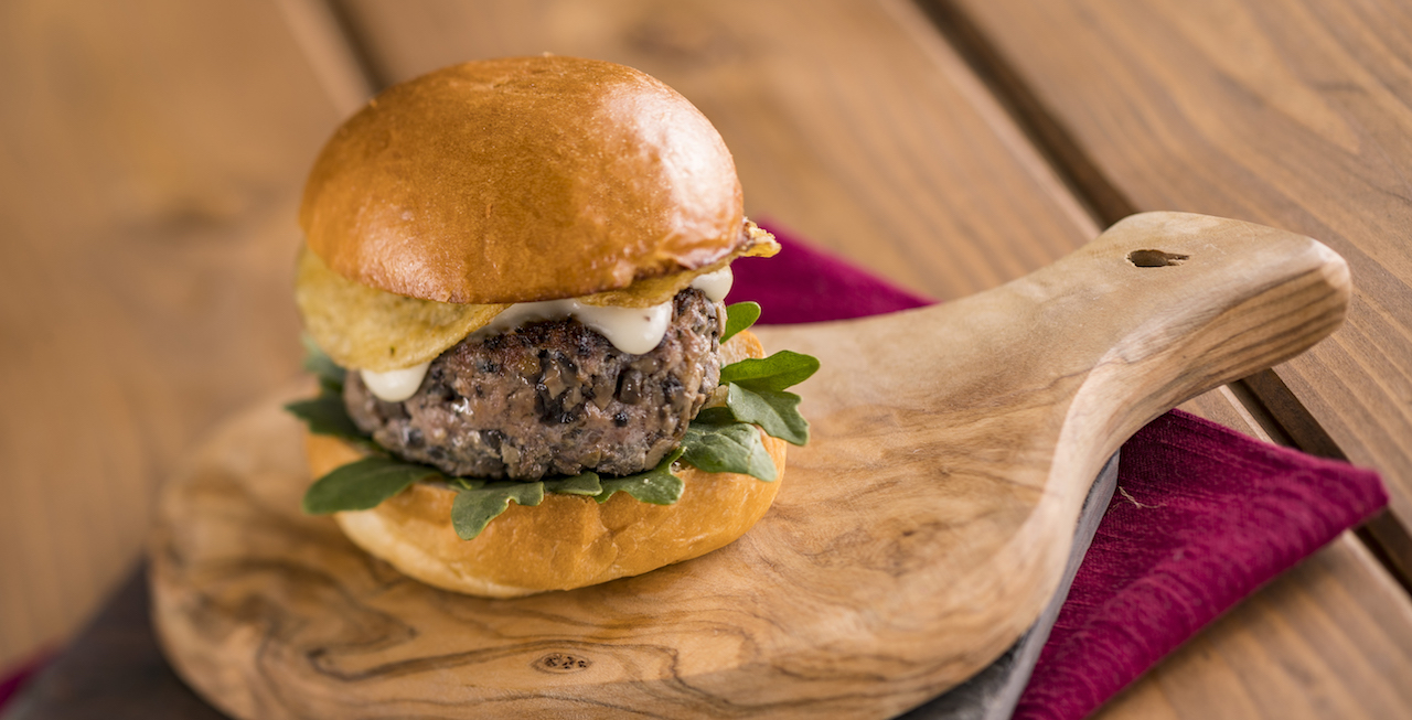 Steakhouse Blended Burger with Brie Cheese Fondue and Truffle and Blue Cheese Potato Chips